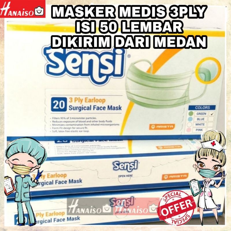 MASKER SENSI MASK 3PLY 3 PLY 50 pcs MASKER MEDIS BNPB / SURGICAL Emboss DISPOSABLE MASKER HIJAB HITAM PUTIH