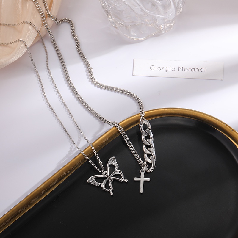 YEEZII Korean Fashion Double Cross Butterfly Metal Pendant Necklace Silver Chain Women Jewelry Accessories