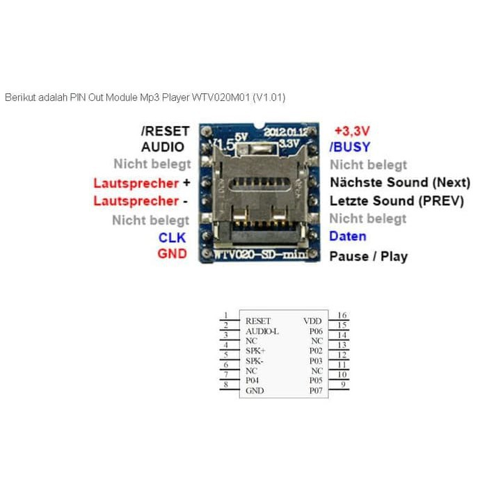 WTV020 Serial MP3 Player Micro SD TF Card Module WTV020-SD-16P