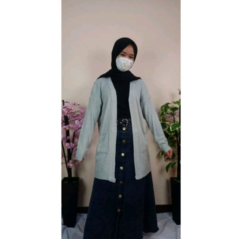 Long cardigan | Cardigan rajut panjang | Long cardy-Abu muda
