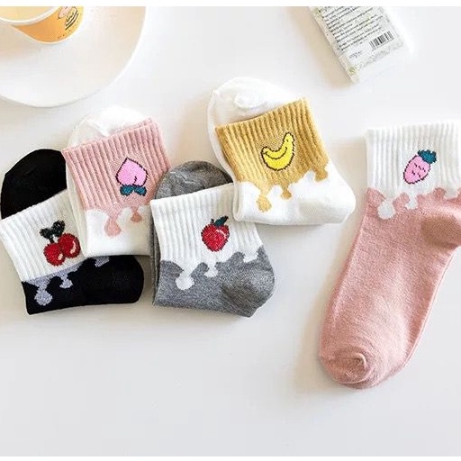 [littlecrab] Kaos Kaki Buah Warna Pastel Soft Lembut Kaos Kaki Lucu Simple Berkualitas Cute Fruit Banana Cherry Strawberry Women Socks Kaos Kaki Panjang High Quality Korean Style