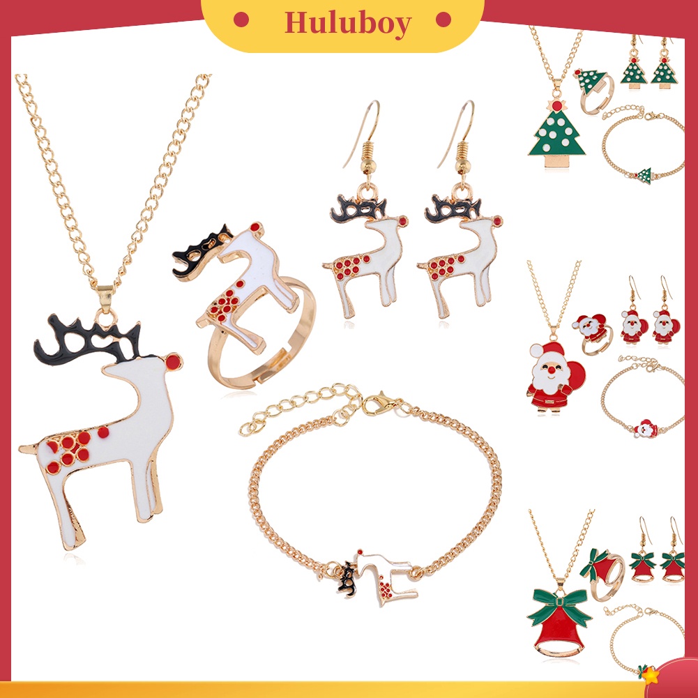 Hu Hu Hu Hu Hu Alat Bantu Pasang Kacamata♡ Set Perhiasan Kalung Gelang Cincin Anting Bentuk Pohon Natal Santa Elk Bell Untuk Wanita