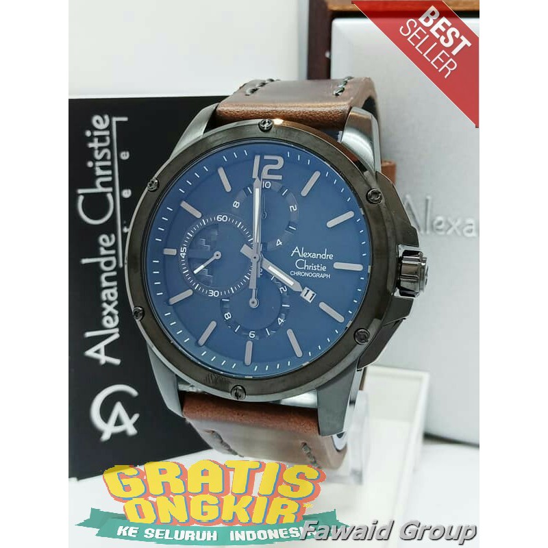 Best Seller Jam tangan Pria ALEXANDRE CHRISTIE AC 6486 PRIA FULL BLACK LEATHER BROWN ORIGINAL