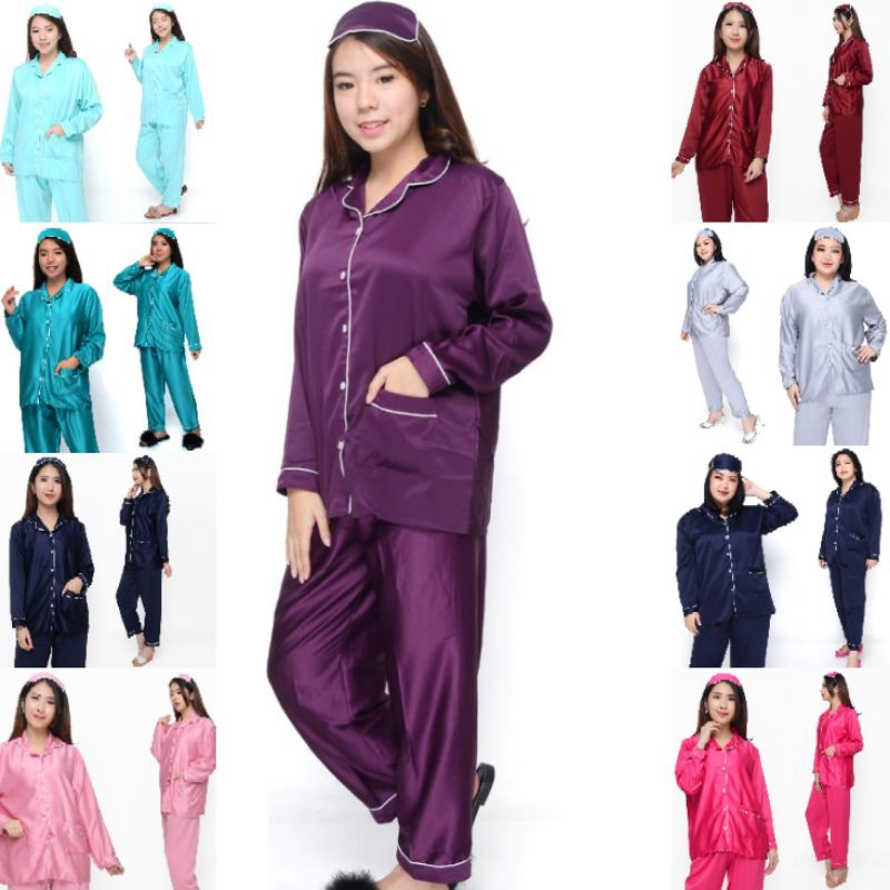 PIYAMA POLOS LENGAN PANJANG PEREMPUAN DEWASA SET CELANA BAJU TIDUR SATIN LD ALL SIZE CEWEK