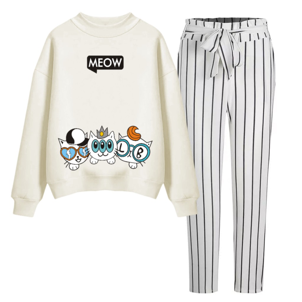 BESS - Baju Setelan Wanita Murah / Setelan Sweater + Celana Salur - MEOW