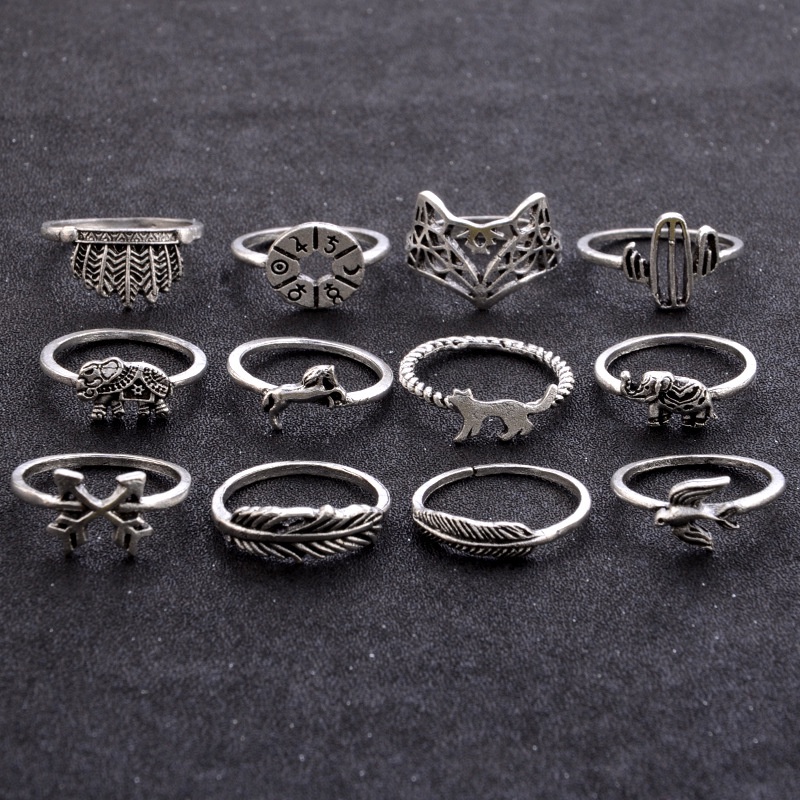 Eropa dan Amerika baru retro set daun Fox gajah 12 cincin