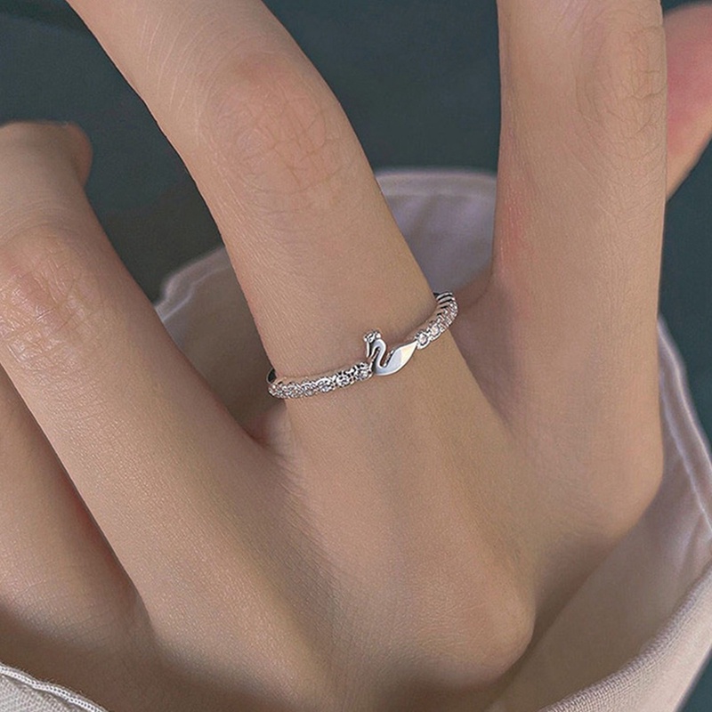 Cincin Sterling Silver S925 Model Terbuka Desain Angsa Kecil Aksen Berlian Gaya Korea Untuk Wanita