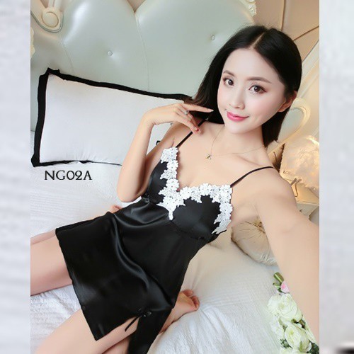 [PRODUK FAVORIT] NIGHT GOWN DASTER TIDUR SEXY LINGERIE SEKSI LACE SATIN HITAM NG02A