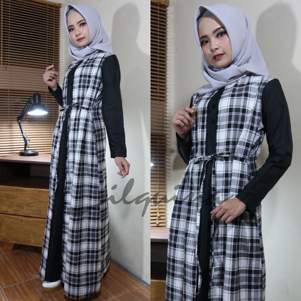dress kotak-kotak, plaid maxi dress, abaya kotak-kotak- zebre maxi by ilquina