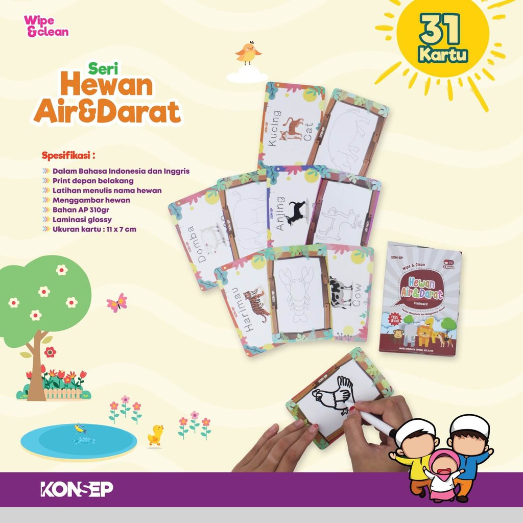 Flash Card Wipe &amp; Clean Hewan Air &amp; Darat - Kartu Edukasi Belajar Anak - Konsep Studio Original