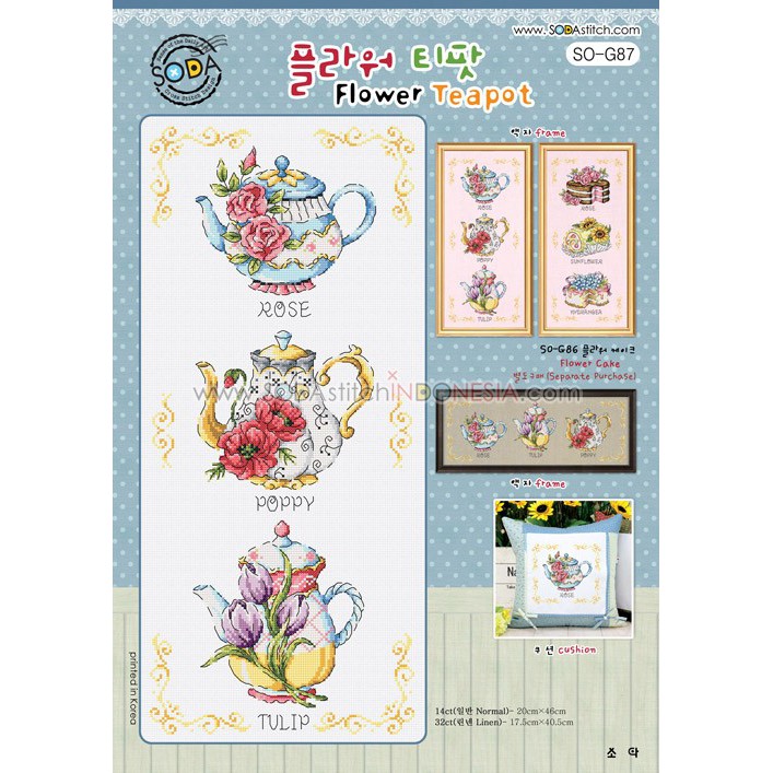 Paket DIY Craft Sulam Kristik Strimin Cross Stitch Sodastitch SO-G87 Flower Teapot Bunga Teko