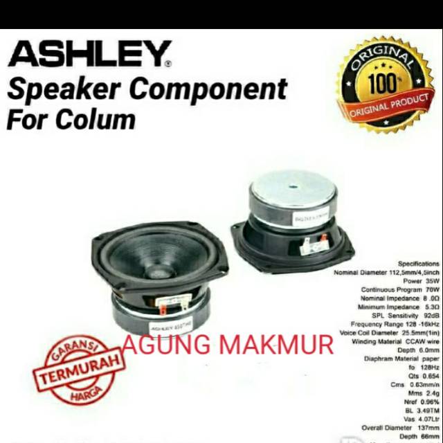 Speaker Component Ashley 450TH8 Woofer 4.5 inch For Colum