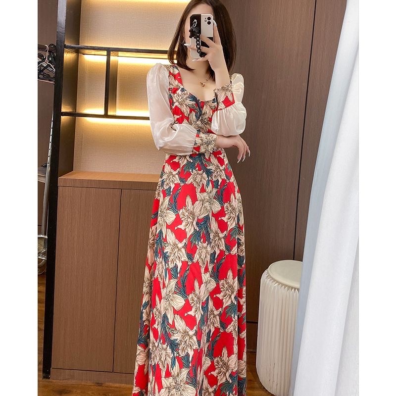 【BISA COD✅ 】Long Dress Bunga|Gamis Merah M69