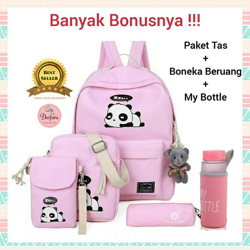 Tas Backpack Wanita Tas Sekolah Anak Perempuan Model Panda Paket Plus Boneka Beruang dan My Bottle