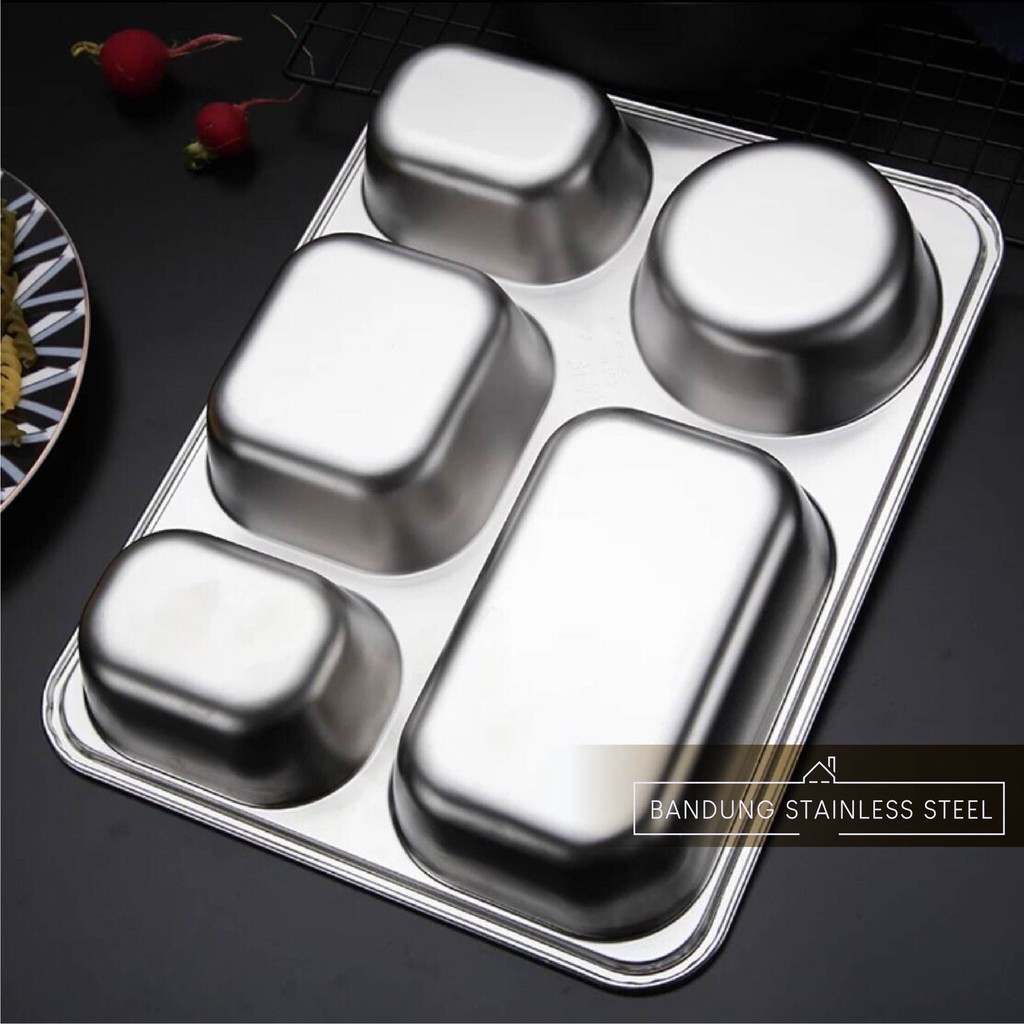 Food Tray Tempat makanan / piring stainless dengan tutup Plastik Plato