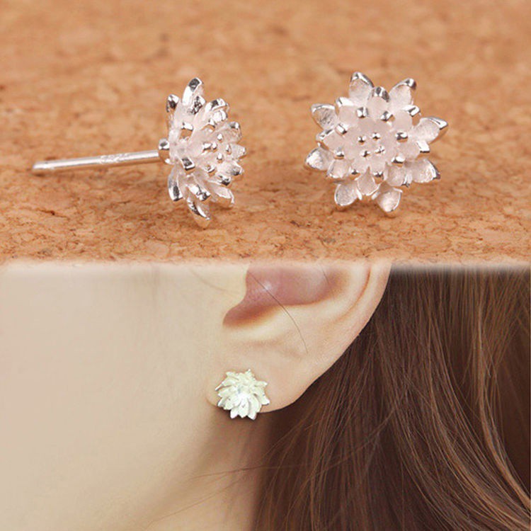 Anting Tusuk Model Bunga Lotus Warna Silver 925 untuk Wanita 0585