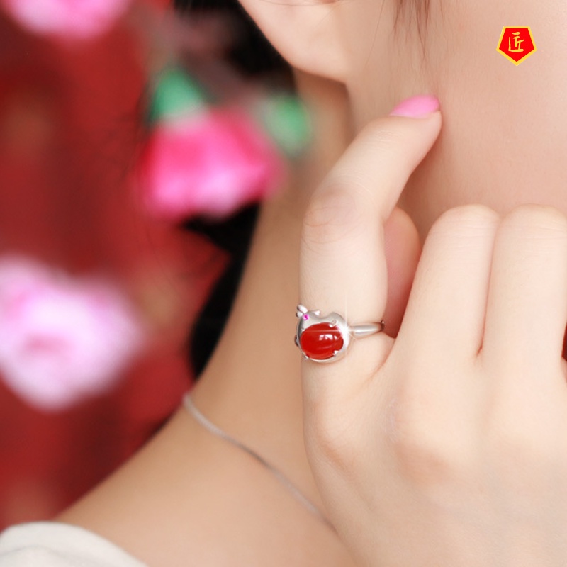 [Ready Stock]Chinese Zodiac of Rooster Simple Red Agate Open Ring