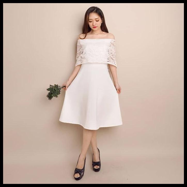 Ekslusif Real Pict Januera Dress (029) Brokat Import Scuba Tebal Adem Nyaman - Putih