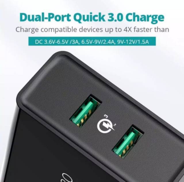 Ugreen Fast Charger 3A Dual Usb Ports 36W Qualcomm QC 3.0 / 2.4A Original