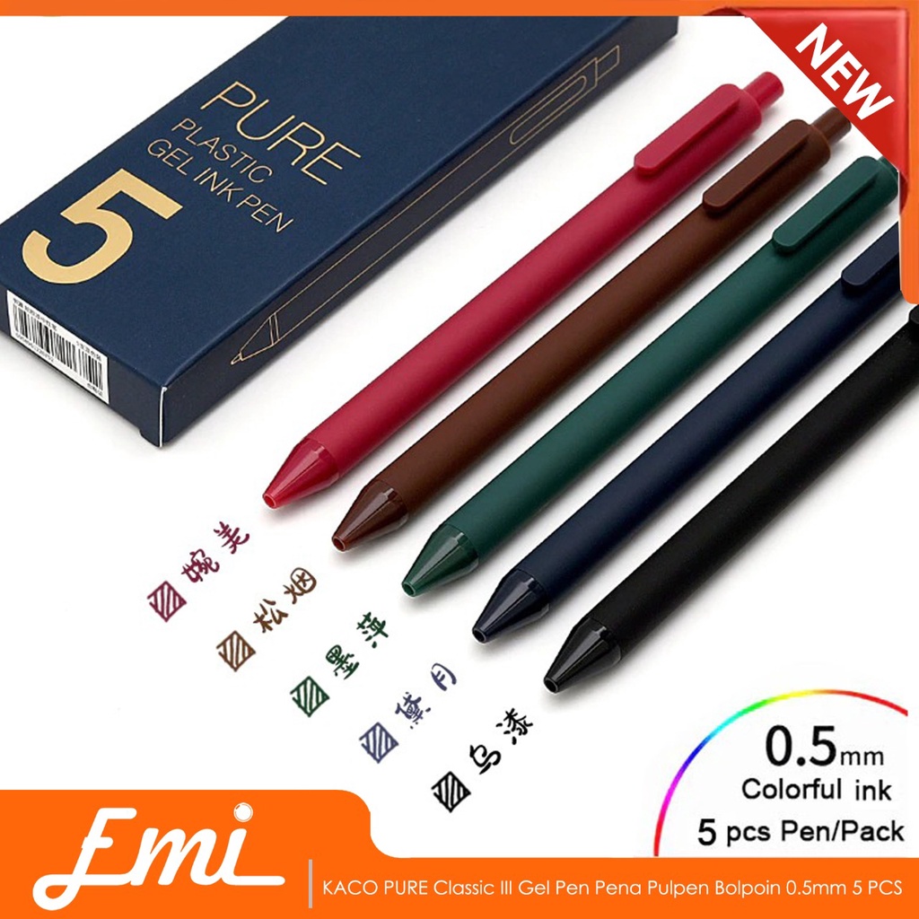 KACO PURE Gel Pen Pena Pulpen Bolpoin 0.5mm 5 PCS (Colorful Ink)