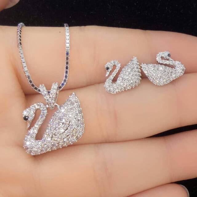 Promo set bebek swan Swarovski anting kalung Rosegold Silver