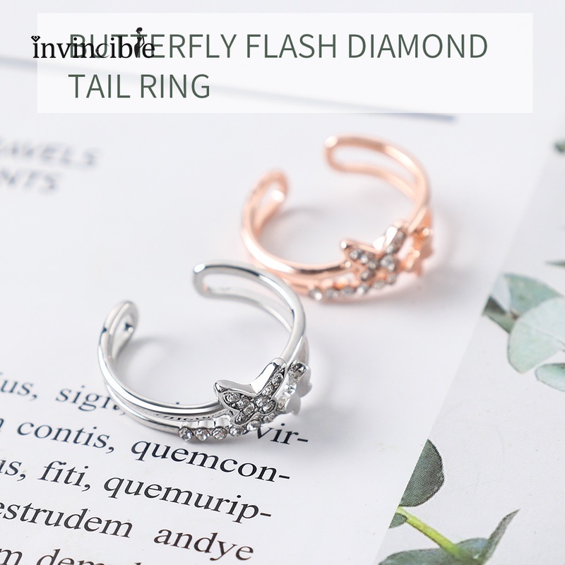 INS style silver color diamond inlay Double butterfly pattern alloy ring/ Fairy temperament Sweet opening design ring