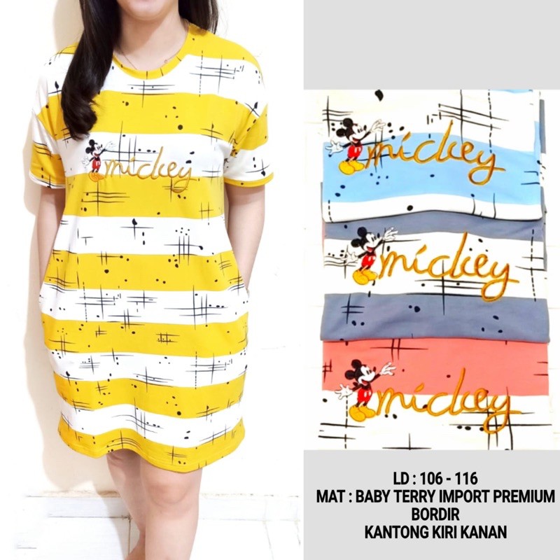 (KD13) Rok Dress Babyterry premium, mickey stripe, remaja/dewasa