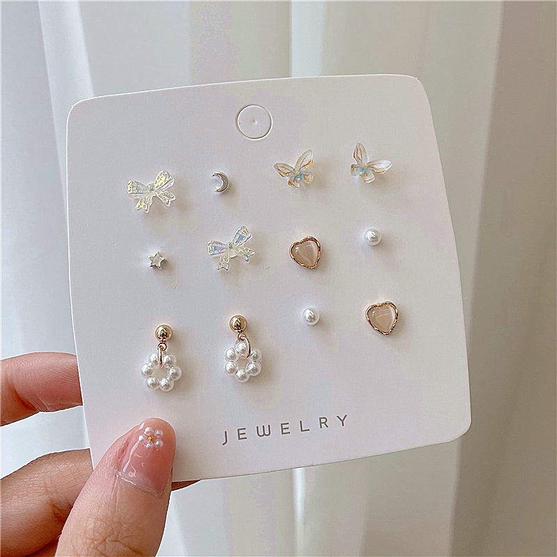 Butterfly Set Anting Stud Desain Kupu-Kupu Hati Pita Bintang Aksen Mutiara Untuk Wanita