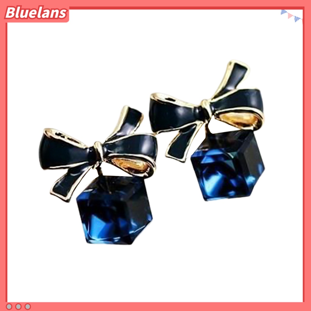 Bluelans 1 Pair Fashion Faux Crystal Bowknot Cube Ear Stud Earring Jewelry Accessory