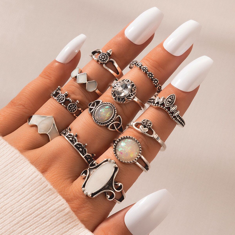 12pcs / Set Cincin Desain Ukiran Kura-Kura Aksen Batu Permata Berlian Untuk Wanita