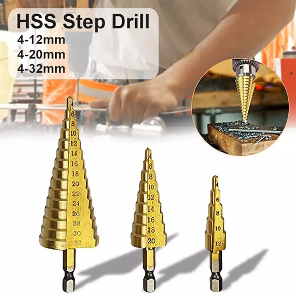 Mata Bor Pagoda Spiral Besi Kuningan Kayu Plastik Step Drill Tingkat Payung Cone HSS 3PCS