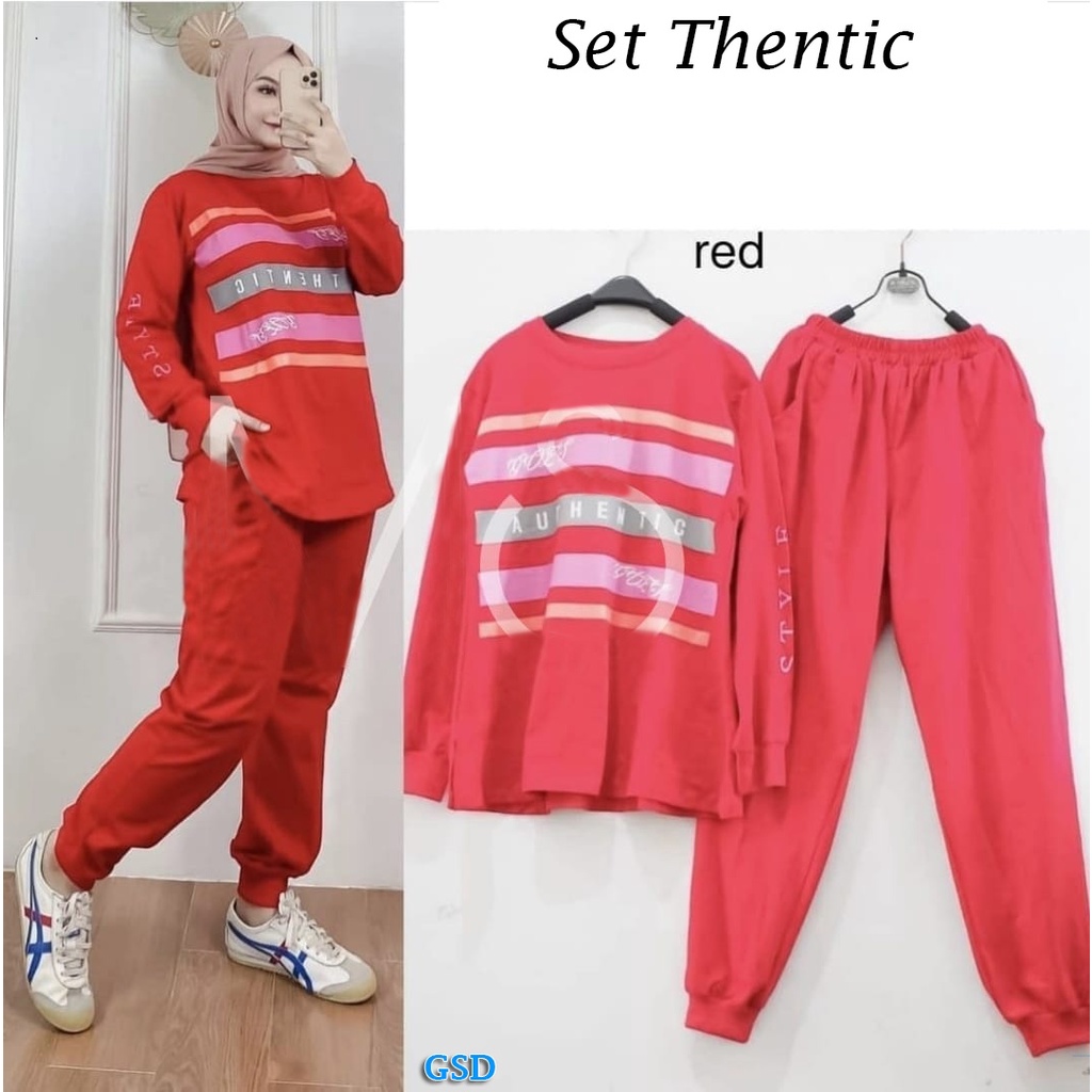 Thentic/ Outfit Wanita Jalan - Jalan  Setelan Baju Dan Celana Panjang OOTD Cewek Berhijab Bahan Babyterry Sablon Size M