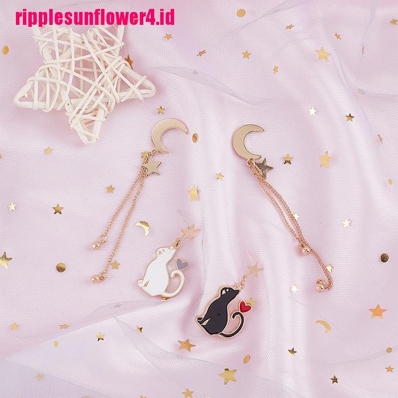 Anting Tusuk Asimetris Model Bulan Bintang Kucing Untuk Wanita