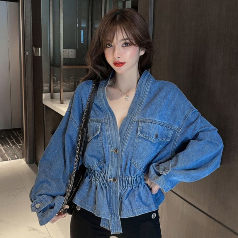 2015 Atasan kimono  biru denim Import Wanita Kekinian Jaket kimono denim biru Import wanita terbaru