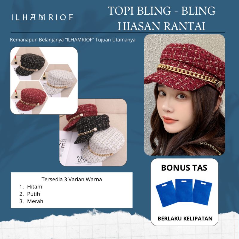 Topi Bling Rantai Wanita Korea Hijab Fashion Selebgram Kekinian Aestethic