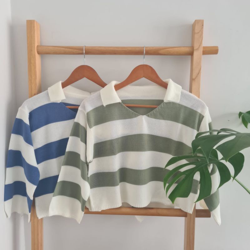 Sweater Rajut Fuji Crop Top Wanita Korea Stripe Blaster Knit Belang