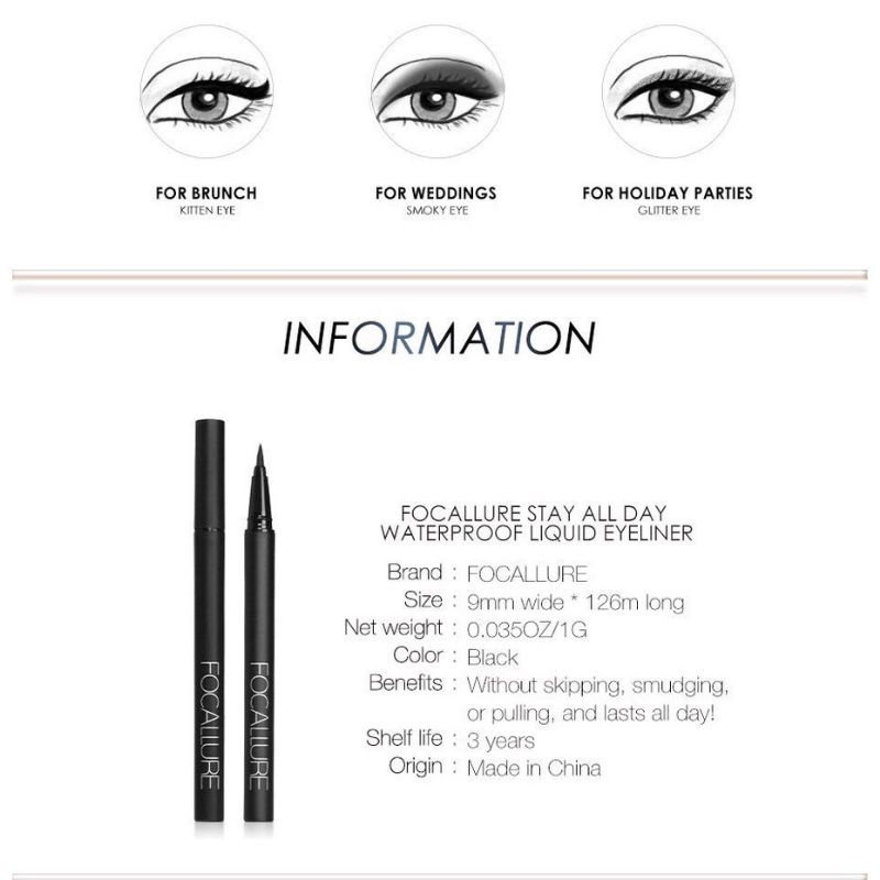 Original FOCALLURE Easy Wear Long-Lasting Liquid Eyeliner Pen Black FA13