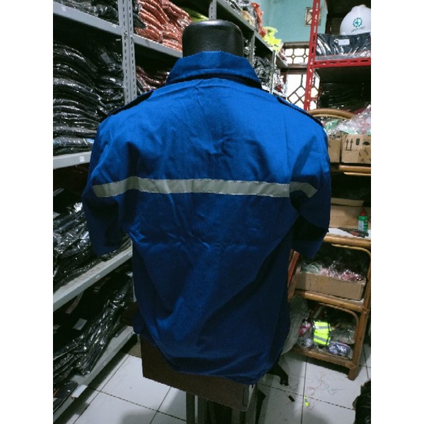 BAJU SAFETY LENGAN PENDEK BIRU RESLETING KAIN DRILL ADEM