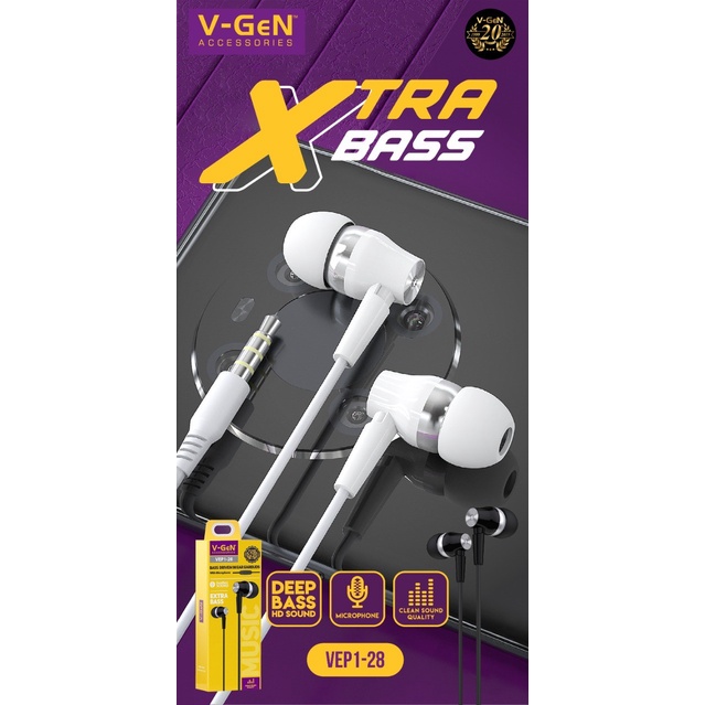 Earphone V-GeN VEP1-28 Wired Headset Handsfree Extra Bass VGEN - Putih Hitam