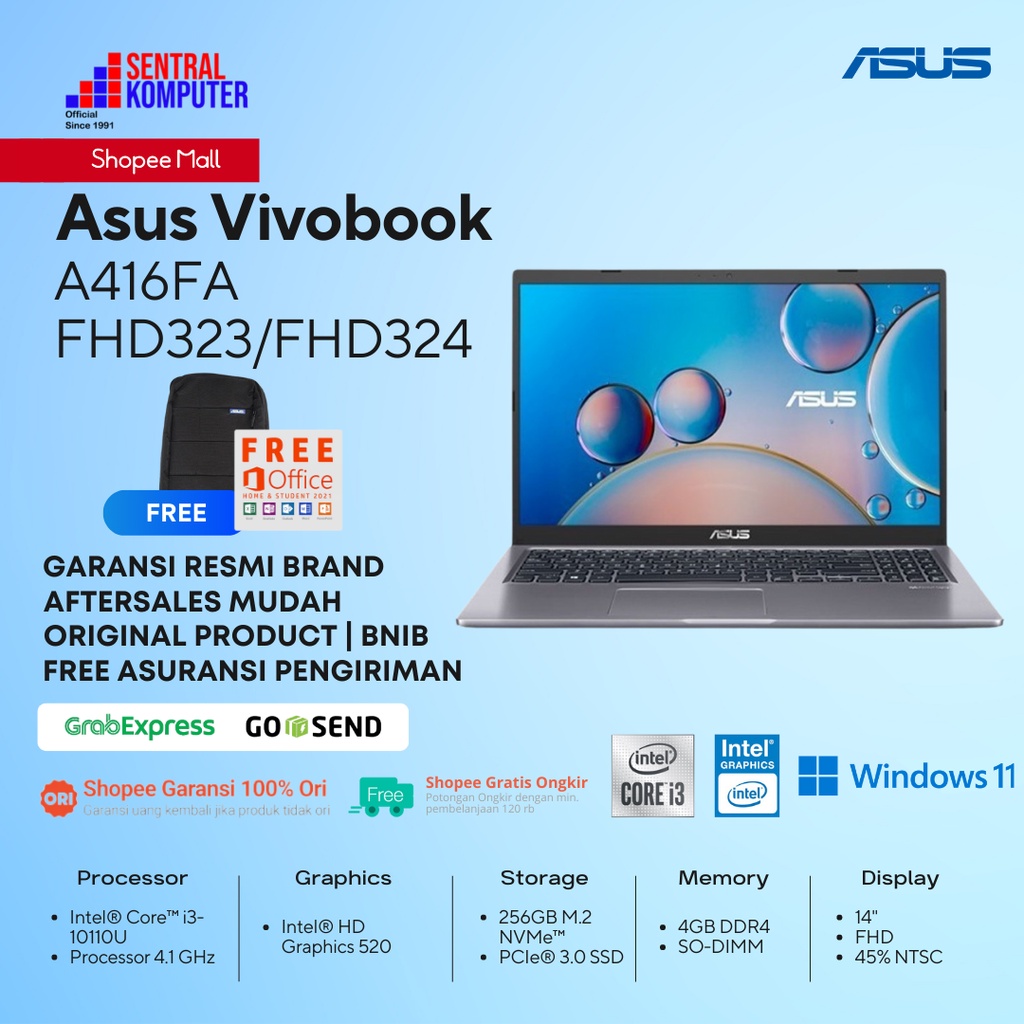 Asus A416FA-FHD323/FHD324 i3-10110U-4GB-256GB SSD-Win 11+OHS