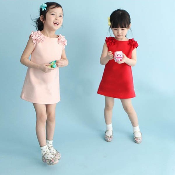 Dress Princess Korea Anak Perempuan Cantik Tanpa Lengan Aksen Bunga di Bahu