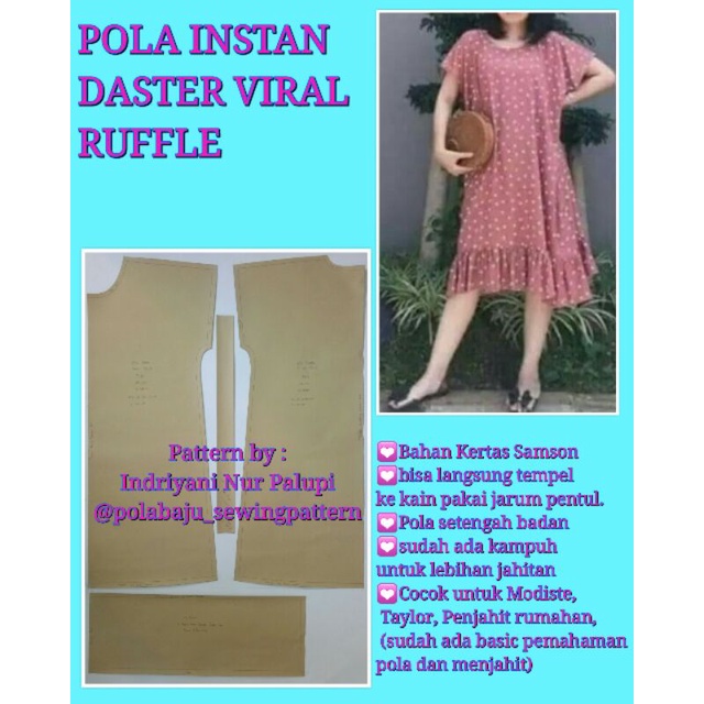 Pola Daster Viral Ruffle - Pola Baju Instan Daster kalong rempel bawah - Sewing Pattern