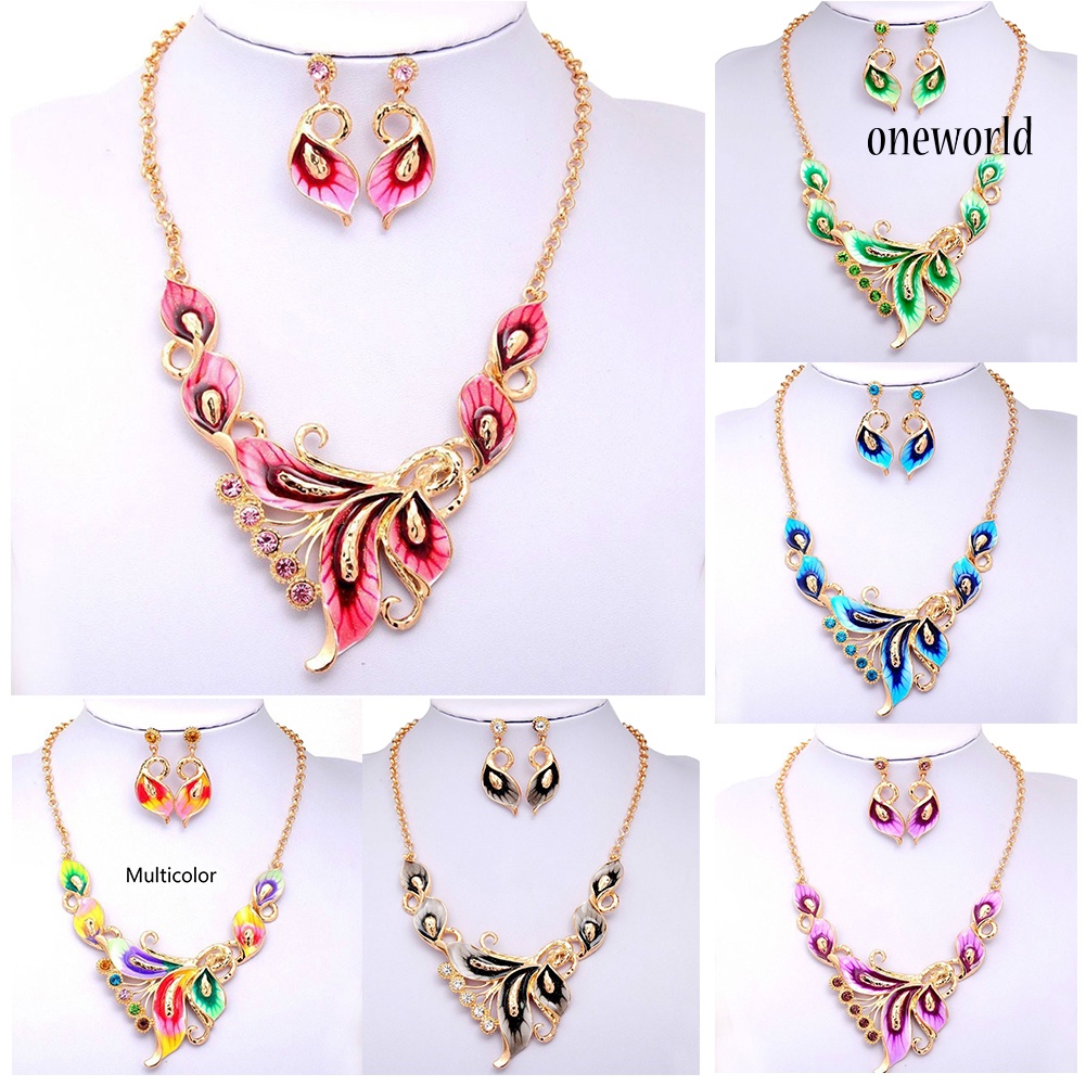 OW@ Women Enamel Flower Charm Rhinestone Stud Earrings Chain Necklace Jewelry Set