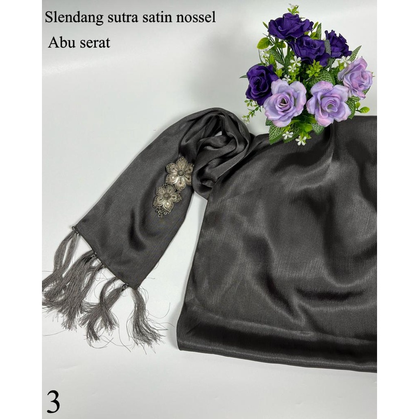 Selendang Satin Silk Ronce / Selendang Satin Silk Nossle / Selendang Satin Sutra Ronce-Abu Serat