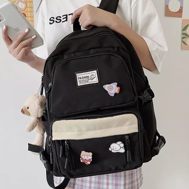 Tas Ransel Wanita Sekolah SD SMP SMK Terbaru K POP Korea Tas Ransel Perempuan Remaja Gadis Gendong Besar Kekinian Terbaru Viral Populer 2022-Hitam