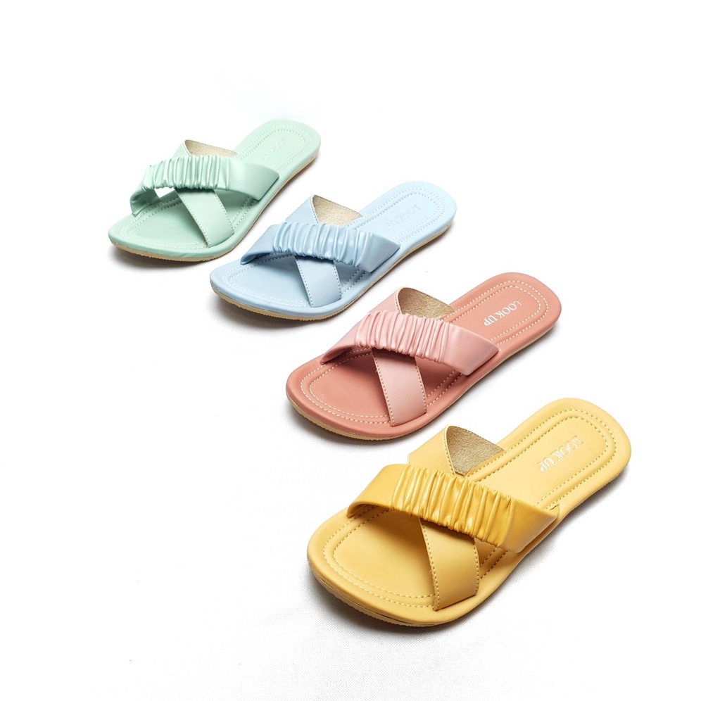 Sandal Kulit Wanita Flat Teplek Kekinian Paster Color Ruffle Silang Sendal Wanita - URANIA