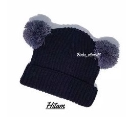 Kupluk Pompom Anak Bayi Cewek Cowok Polos / Kupluk Bayi laki laki perempuan usia 0-2,5 tahun-Hitam