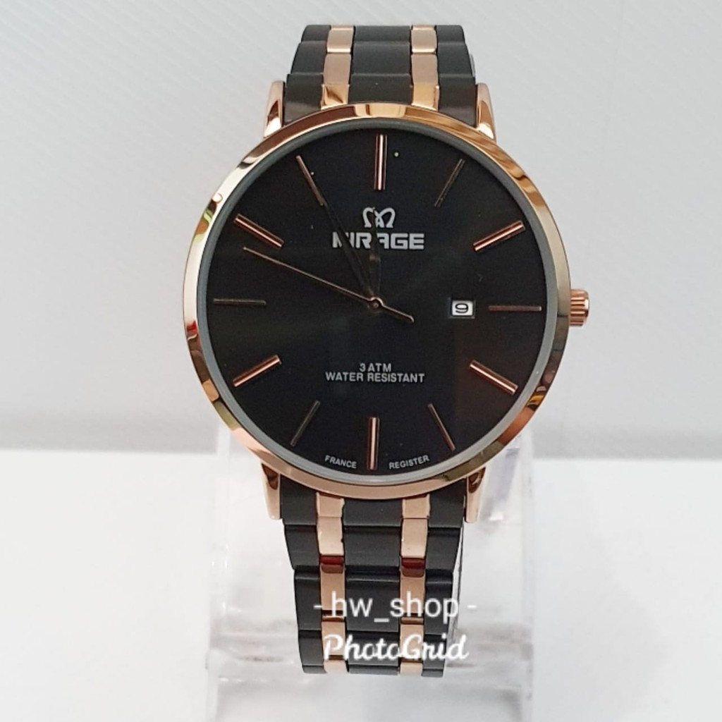 Jam Tangan Pria Mirage 8734 Hitam List Rosegold Original