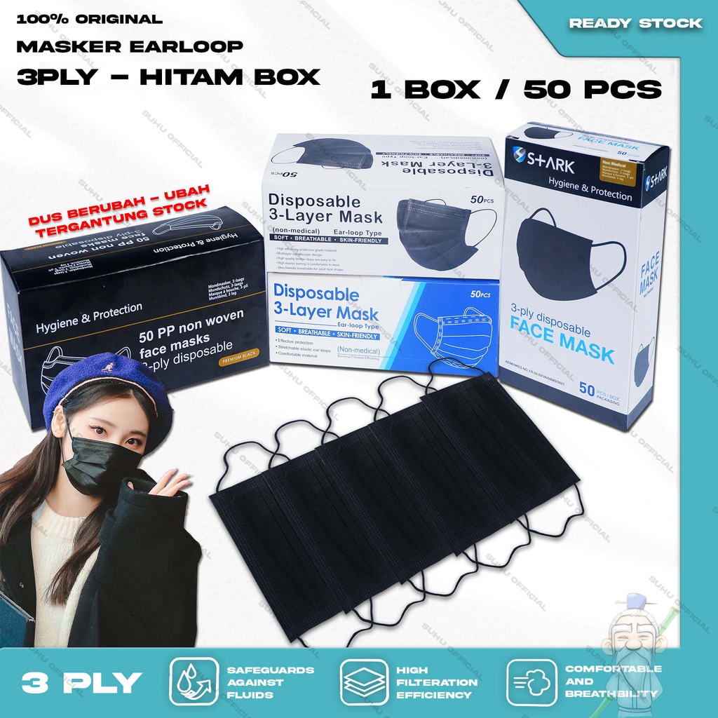 Masker Medis 3Ply isi 50Pcs Warna Hitam Black 3 Ply Earloop Surgical Mask