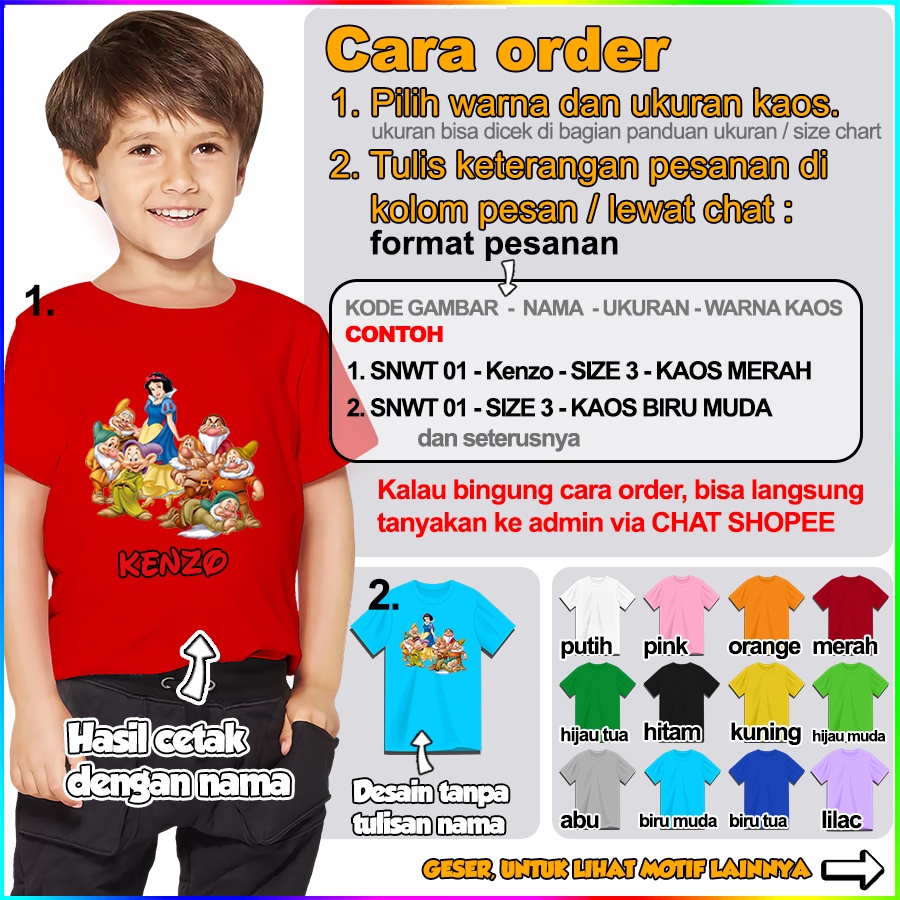 [FREE NAMA!!] Baju Kaos ANAK DAN DEWASA SNOW WHITE BANYAK MOTIF